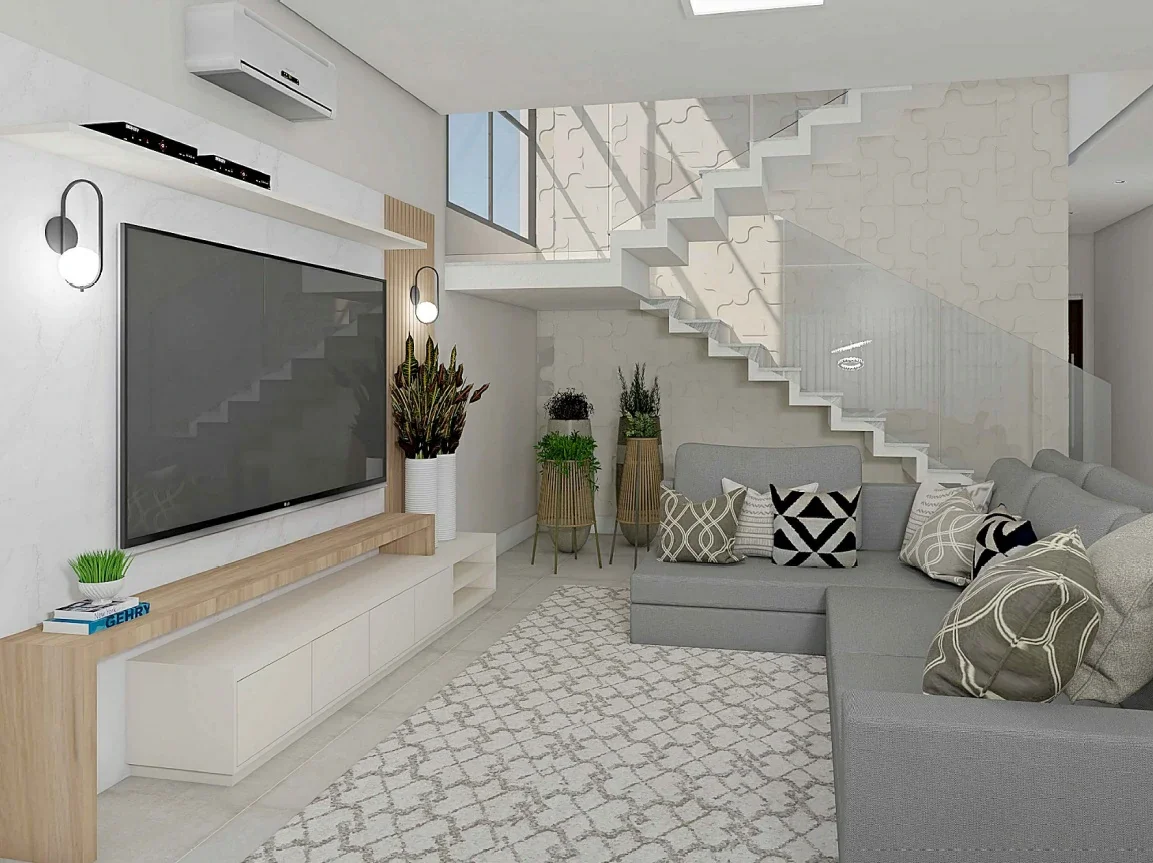 Varanda com mobiliário externo e vista para o jardim